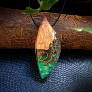 Wood and Resin Pendant - Cactus Fibers - Resin Wood Necklace - Anniversary Gift - Green and Brown