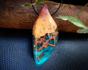 Wood and Resin Pendant - Cactus Fibers - Resin Wood Necklace - Anniversary Gift - Turquoise and Brown