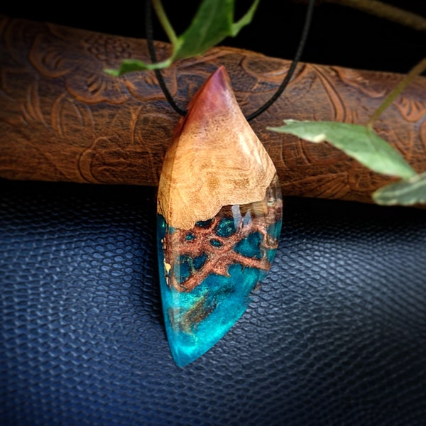 Wood and Resin Pendant - Cactus Fibers - Resin Wood Necklace - Anniversary Gift - Turquoise and Brown