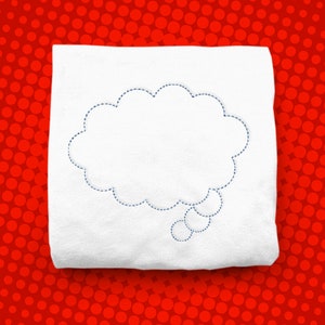 May include: A white folded cloth with a blue stitched thought bubble design. The background is a red dotted pattern.