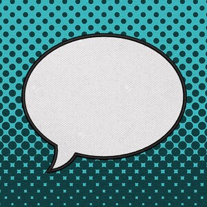May include: A white speech bubble with a black outline on a blue and green polka dot background.