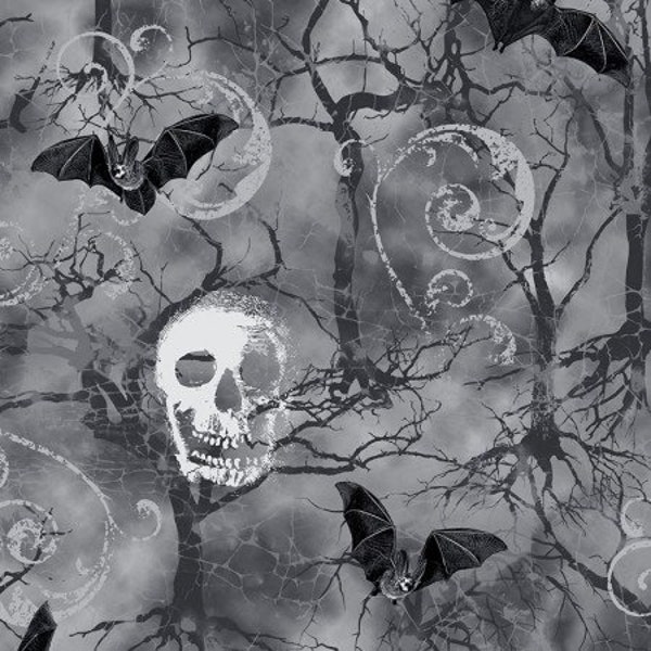 C7022 WICKED FOG HALLOWEEN Quilt Fabric, Timeless Treasures, Skulls/Bats/Trees/Scrolls, Fog Color With Black