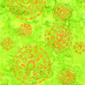 May include: Abstract green and orange fabric with a repeating pattern of circles. The circles are filled with smaller orange circles.