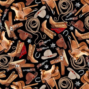 CD1212 TOSSED WESTERN WEAR Black Quilt Fabric, Timeless Treasures, Fabric By The Yard