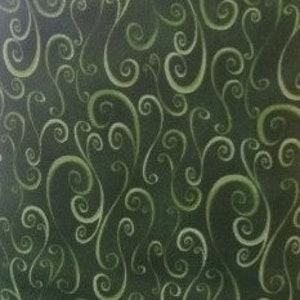 May include: Green fabric with a white swirl pattern. The swirls are reminiscent of vines or leaves.