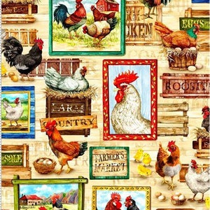 May include: A colorful fabric featuring a variety of roosters, chickens, and farm-themed imagery. The fabric includes images of roosters, chickens, eggs, and farm signs with text like "Farm Country" and "Welcome Farm".