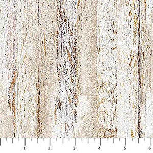 May include: Close-up of a fabric with a distressed wood grain pattern. The design features vertical lines in shades of white, beige, and brown, mimicking the look of aged wooden planks. The fabric has a textured appearance.