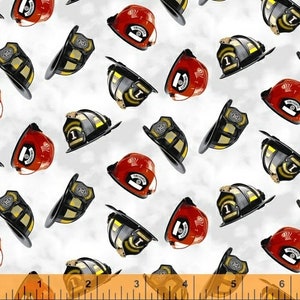 52221-1 HOLD THE LINE White Fireman Hats, Windham Fabric, Fabric By The Yard