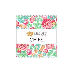 May include: A square fabric bundle labeled Northcott Chips with a white center band featuring the brand logo and text. The fabric displays a floral pattern with pink roses, yellow blossoms, and teal leaves on a white background with pinked edges.