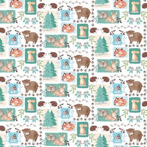 May include: A repeating pattern featuring woodland animals and elements. Brown bears, orange foxes, and tan rabbits are interspersed with green trees, mushrooms, and deer. The design is set against a white background with a light blue and green border.