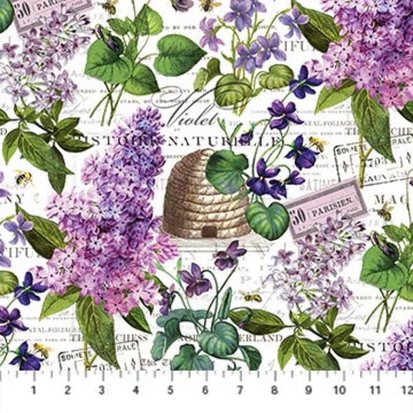 DP23057-10 CHELSEA WHITE MULTI Quilt Fabric, Northcott Fabric, Purple Lilacs & Behives, Digitally Printed