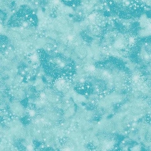 May include: A teal fabric with a celestial design. The pattern features white stars and snowflake-like shapes scattered across a textured background. The overall effect is reminiscent of a starry night sky.