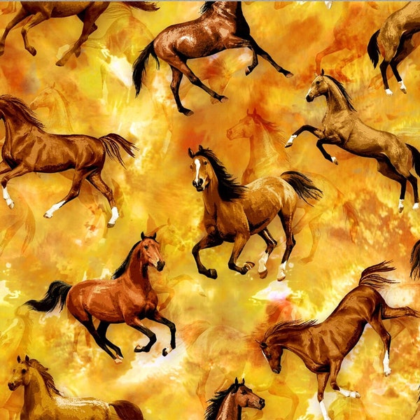 OA59-5071 CATTLE DRIVE GOLD Wild Horses Quilt Fabric, Oasis Fabrics, Fabric By The Yard