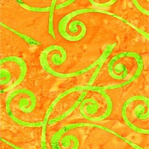 May include: Orange fabric with a green swirl pattern. The swirls are a repeating pattern on the fabric.