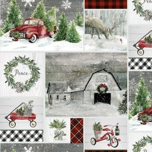 May include: A collage of winter scenes featuring a red truck with a Christmas tree, a barn with a wreath, a deer in the snow, and a red wagon with a Christmas tree. The background is a gray woodgrain pattern with snowflakes.