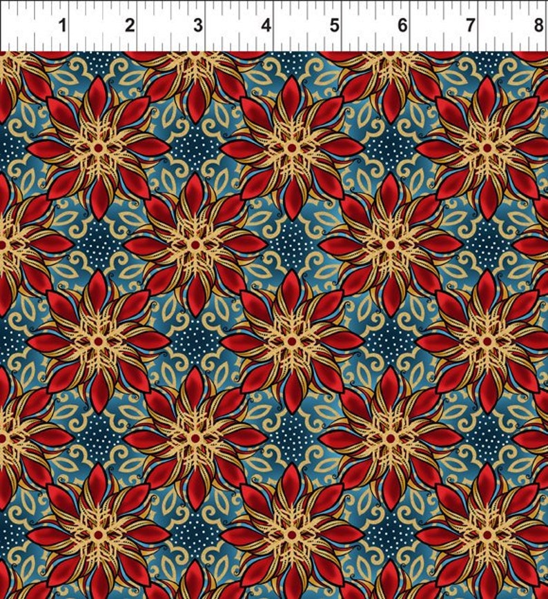 In The Beginning Fabrics 5ACW-1M CELESTIAL WINTER BLUE Metallic Poinsettias Red Poinsettias Quilt Fabric Jason Yenter Gold Metallic