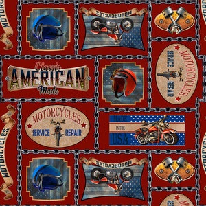 May include: A repeating pattern featuring motorcycle-themed imagery. The design includes motorcycle helmets, motorcycles, pistons, and banners with text like "Motorcycles" and "Made in the USA." The color palette is dominated by red, blue, and brown.