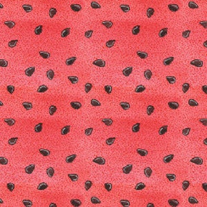 May include: A red and black watermelon fabric with a repeating pattern of black watermelon seeds.