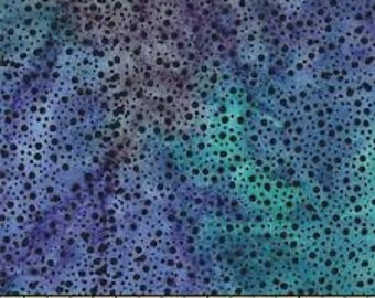 May include: Teal and purple fabric with a white polka dot pattern. The fabric has a tie-dye effect.