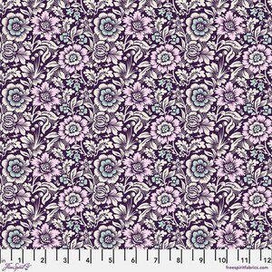May include: Purple fabric with a white floral pattern. The flowers are pink and blue with intricate details. The fabric is a repeating pattern.