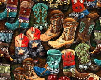 OA59-9471 WILD WEST BOOTS Quilt Fabric, Oasis Fabrics, Fabric By The Yard