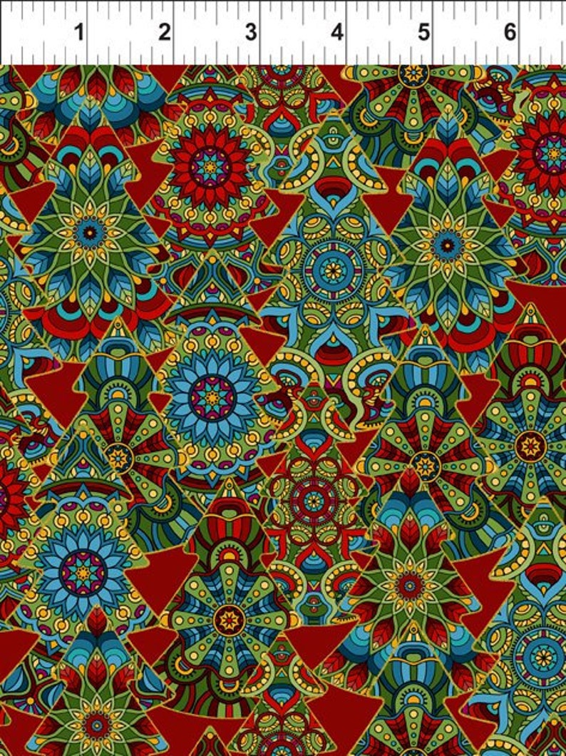 3ACW-2M CELESTIAL WINTER RED Metallic Trees Quilt Fabric Christmas Trees In The Beginning Fabrics Jason Yenter Gold Metallic