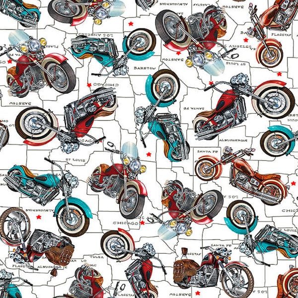 1659-01 LIFE'S A KICK White Motorcycles Quilt Fabric, Blank Quilting, Fabric By The Yard