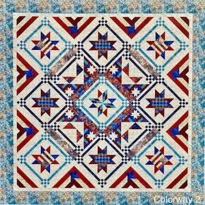 May include: A square quilt with a patriotic theme, featuring a central starburst design in red, white, and blue. The quilt has a repeating star and diamond pattern, with a patterned border. The text "Colorway 2" is in the bottom right corner.