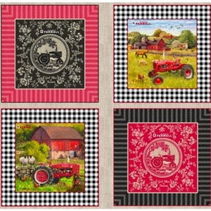May include: Four red and black patterned fabric squares with a vintage tractor image in each. The tractor images are surrounded by floral designs and the text "FARMALL" in a white circle. The squares are set against a beige background.