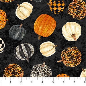 May include: A black background with a repeating pattern of various pumpkins. The pumpkins are painted in different colors and patterns, including white, orange, black, gold, and white and black checkered.
