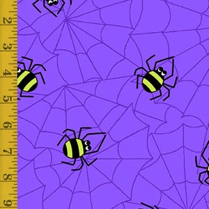 May include: Purple fabric with a spider web pattern and cartoon spiders. The spiders have black legs and bodies with yellow and black stripes. The web is a lighter shade of purple.