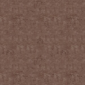 May include: A brown textured background with a vintage look. The background is covered in faded handwriting and circular stamps. The stamps are in shades of brown and red.