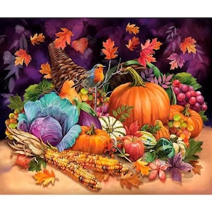 May include: A vibrant still life painting featuring a cornucopia overflowing with autumn harvest. Includes pumpkins, gourds, corn, cabbage, grapes, and a small bird. The color palette is rich with oranges, reds, greens, and purples, evoking a sense of abundance and the fall season.
