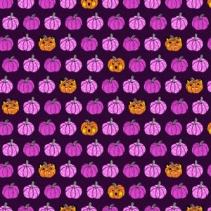 May include: A seamless pattern featuring a repeating design of orange and purple pumpkins. The orange pumpkins have a cartoon-like face with a surprised expression. The background is a dark purple.