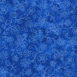 May include: A vibrant blue fabric with a repeating pattern of white butterflies, flowers, and swirling vines. The design is detailed and delicate, creating a whimsical and nature-inspired aesthetic. The fabric has a textured appearance.