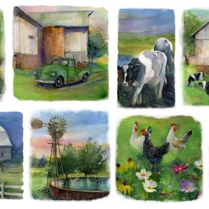 May include: A watercolor painting of a farm scene with a red rooster, a green truck, a barn, a cow, a tractor, a windmill, a horse, and chickens. The painting is divided into nine squares.