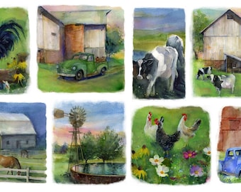 May include: A watercolour painting of a farm scene with a red rooster, a green truck, a barn, a cow, a tractor, a windmill, a horse, and chickens. The painting is divided into nine squares.