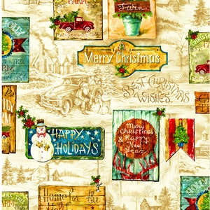 May include: A collection of vintage-style Christmas signs with a rustic woodgrain background. The signs feature various Christmas greetings, including "Merry Christmas", "Happy Holidays", "Home for the Holidays", and "Best Christmas Wishes". The signs are decorated with holly, pine branches, and other festive elements.