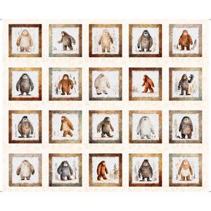 May include: A fabric panel featuring 20 square illustrations of Bigfoot in various poses and colors. Each Bigfoot is framed in a brown border against a cream-colored background. The illustrations depict Bigfoot in a forest setting.