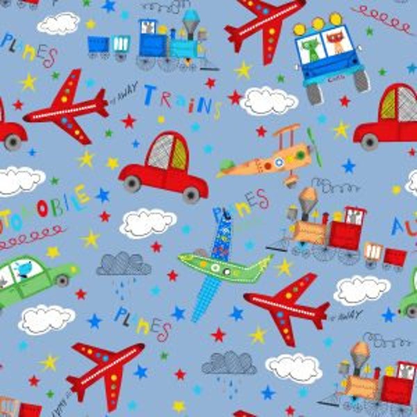 OA44-6301 PLANES, TRAINS, & AUTOMOBILES Quilt Flannel, Oasis Fabrics, Fabric By The Yard