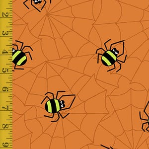 May include: Orange fabric with a repeating pattern of black spiders with yellow and black stripes on a white web.