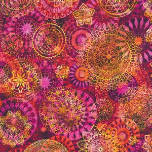 May include: A vibrant pink and orange fabric with a repeating pattern of intricate mandalas. The mandalas are in shades of gold, orange, and pink, and they are surrounded by a background of pink and orange.