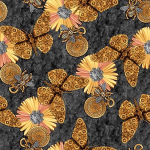 May include: A seamless pattern featuring gold and yellow butterflies with intricate gears and clock faces, surrounded by yellow flowers with pink centers. The background is a dark gray.