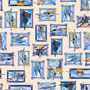May include: A fabric pattern featuring various military fighter jets and stealth bombers illustrated within rectangular frames. Each frame displays a different aircraft against a blue sky with clouds, accented by red and blue star-patterned borders.