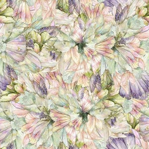 May include: A repeating pattern featuring watercolor-style illustrations of flowers in soft shades of pale pink, lavender, and muted green. The design displays overlapping petals and foliage, creating a dense, layered botanical composition.