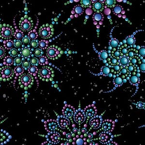 May include: A seamless pattern featuring mandala-style designs composed of colorful dots. The designs are in shades of blue, green, and purple against a black background with small white speckles. The overall effect is a vibrant, artistic design.
