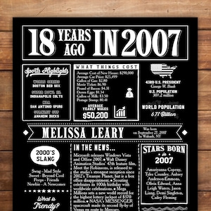 Póster de cumpleaños número 18, hace 18 años en 2007, idea de regalo de graduación, decoración de fiesta de aniversario, póster de regalo personalizado, archivos digitales
