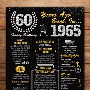 Póster del 60.° aniversario, cartel de pizarra del 60.° aniversario, póster con datos de 1965, póster de regalo de 1965, ideas de regalo para el 60.° cumpleaños, archivos digitales, descarga instantánea