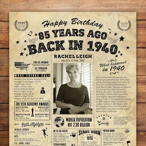 Letrero de pizarra de 1940, cartel para el 85.° cumpleaños, póster con datos curiosos de 1940, decoración para fiestas del 85.° cumpleaños, ideas de regalos de cumpleaños personalizados, ARCHIVOS DIGITALES