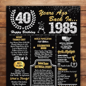 Póster de cumpleaños de 1985 – Letrero de pizarra para 40 cumpleaños – Descarga digital imprimible – EE. UU.
